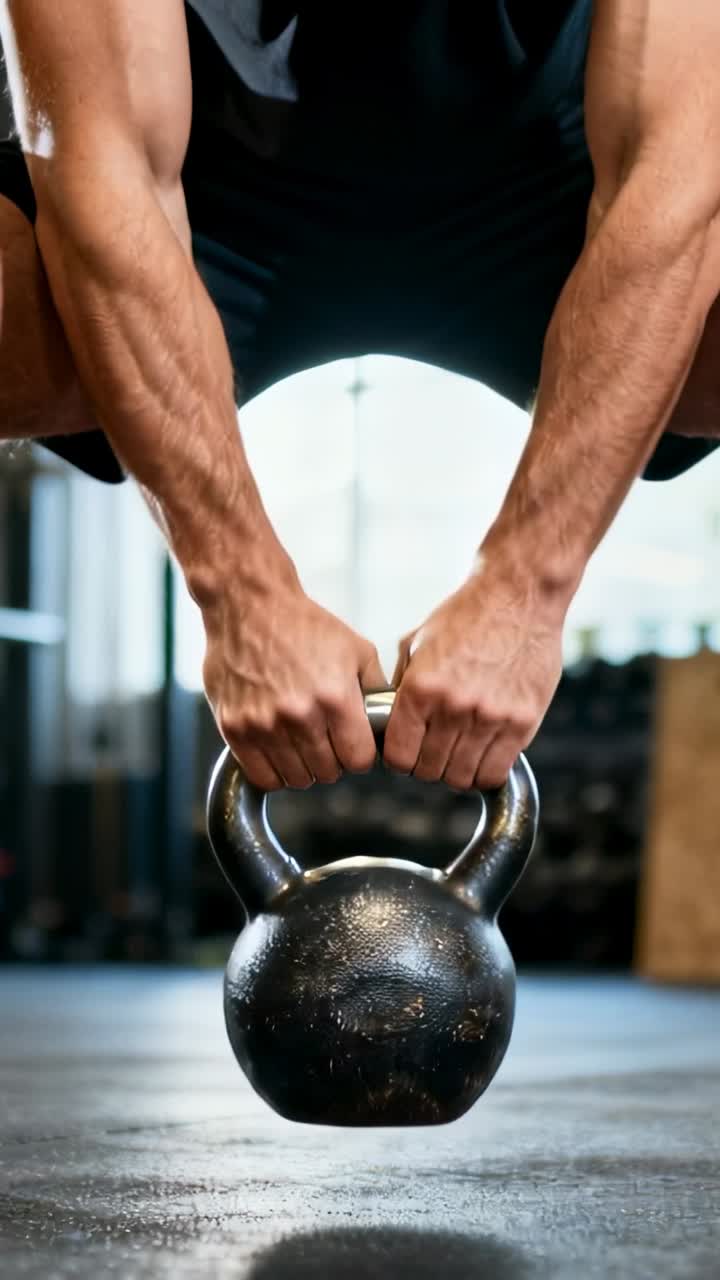 Video verticale: Afferrando una kettlebell, un sollevatore inizia un sollevamento esplosivo in palestra, indossando pantaloncini scuri per la potenza.