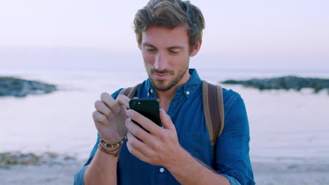 Beach,-man-and-phone-with-app-for-travel-journey