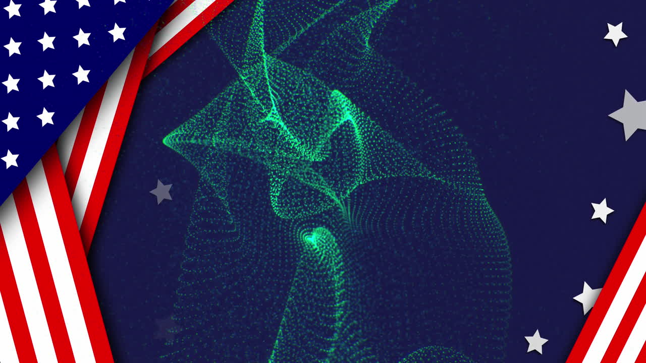 Animation of flag of america, star and dynamic wave of dots moving on blue background
