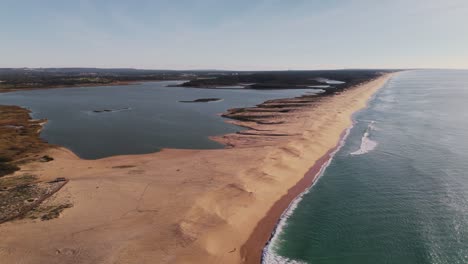 Aerial-View-Sandbanks-Between-Lake-And-Beach-In-Portugal