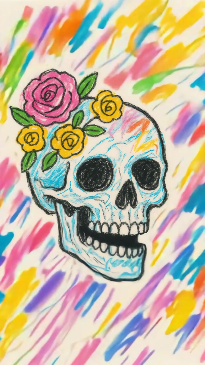 Illustrazione colorata di teschio disegnato a mano con fiori
