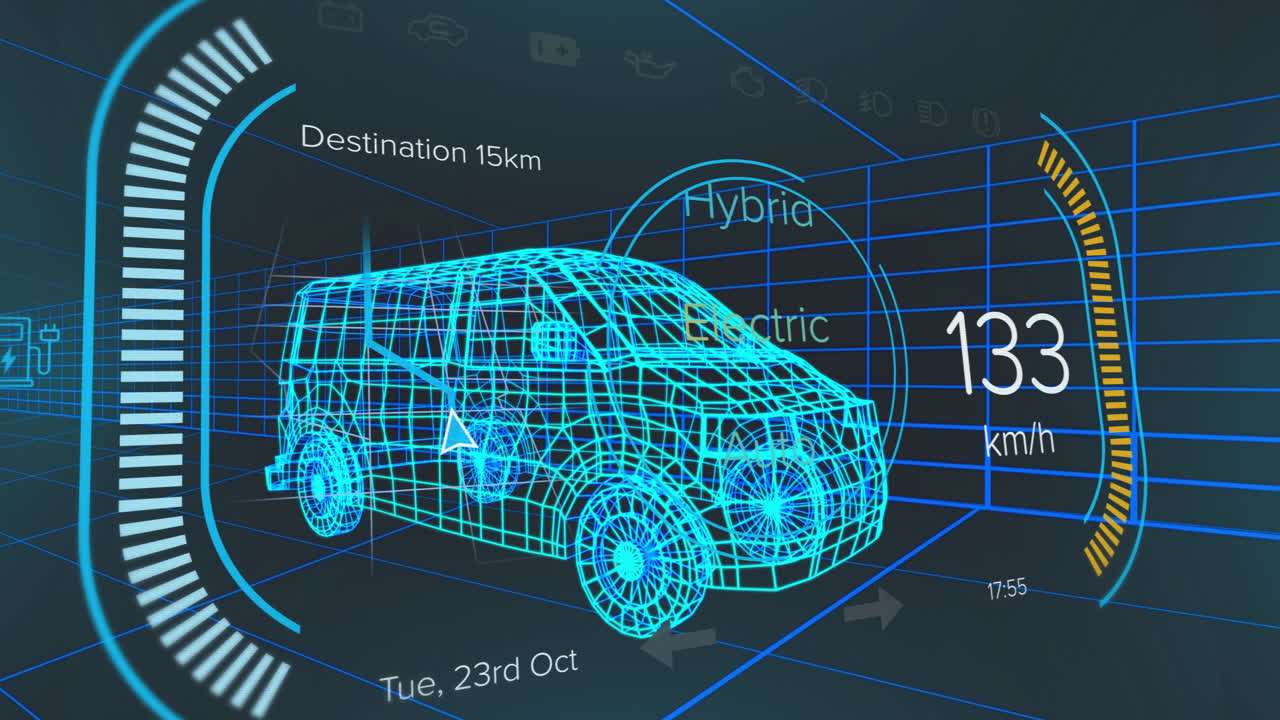 Electric vehicle dashboard displaying speed, destination, date in futuristic animation