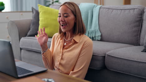 Business-woman,-video-call-and-laptop-with-wave