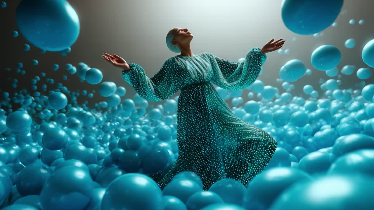 A mesmerizing scene unfolds as a graceful figure in a flowing turquoise dress stands amidst a sea of luminous blue spheres, creating an enchanting atmosphere that captivates the viewer's imagination and evokes a sense of wonder