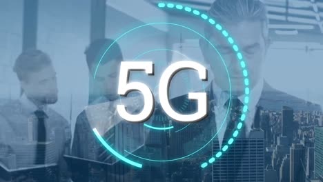 businessmen in an office and 5g written in the middle of a futuristic circles