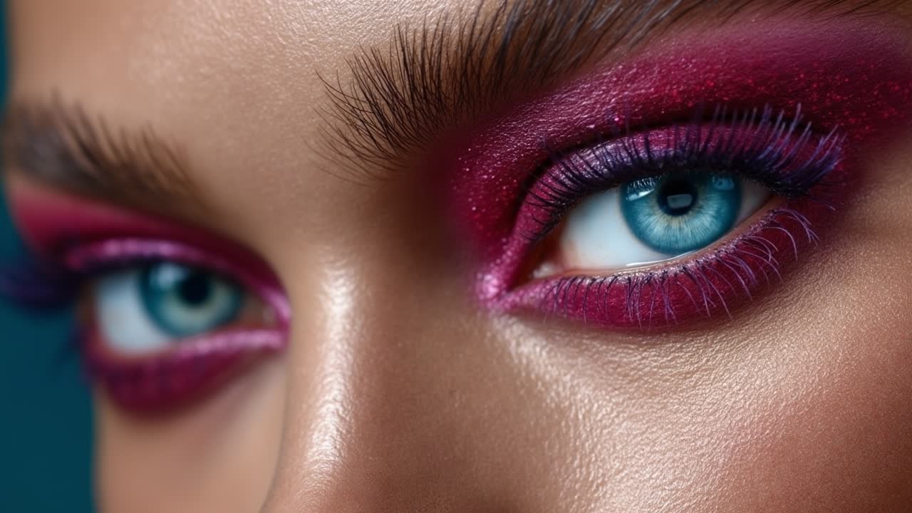 Close-up extremo dos olhos de uma mulher com sombra rosa magenta brilhante e cílios longos.