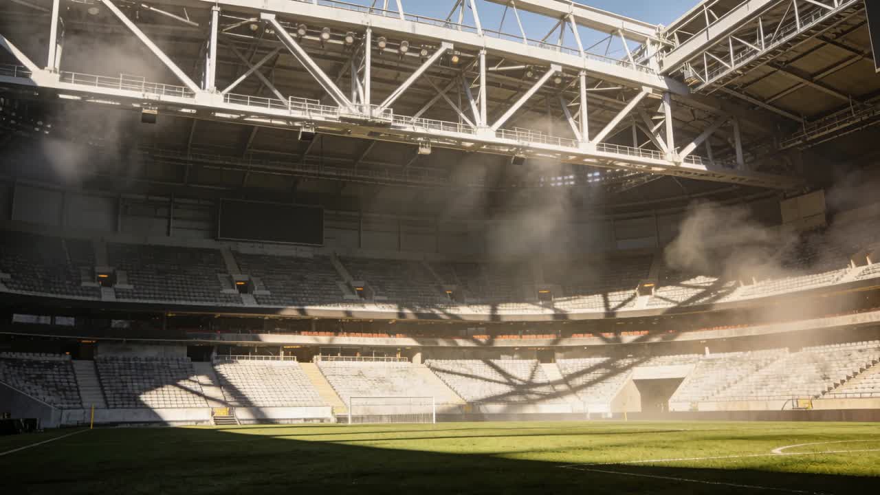 Luce solare che si riversa attraverso il tetto aperto illuminando lo stadio e il campo in erba, polvere che si sposta verso destra