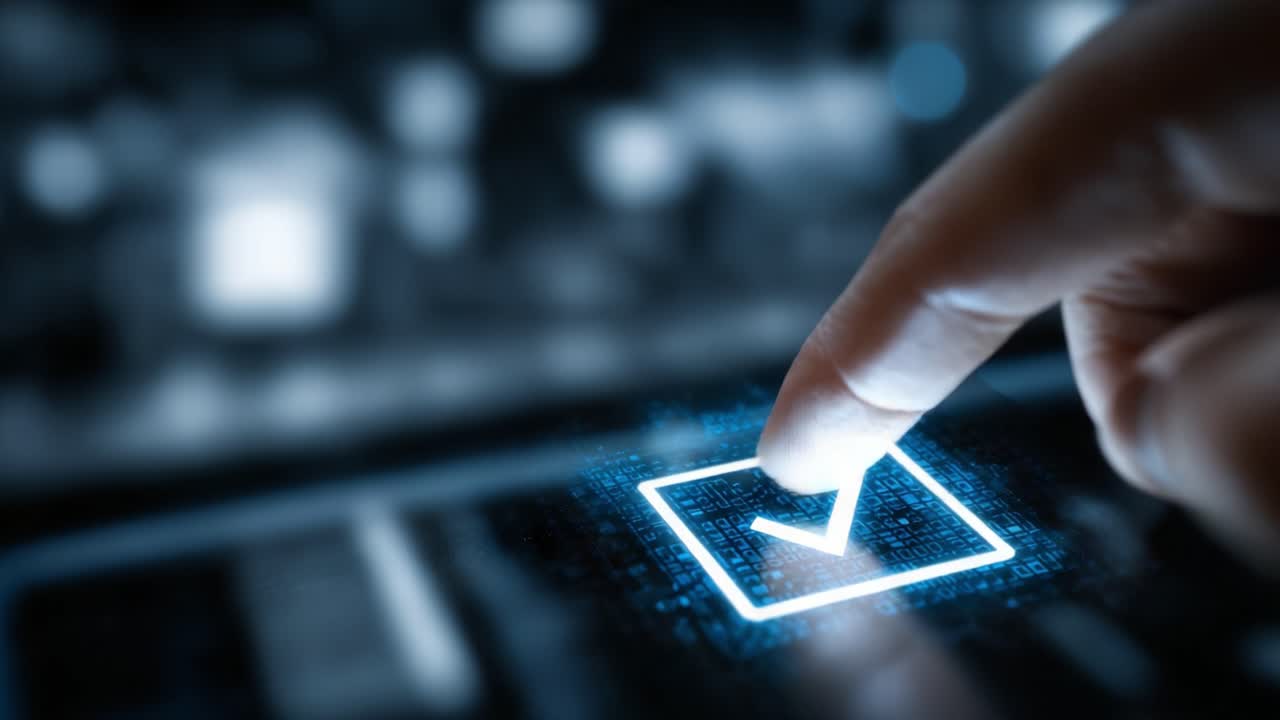 A close-up view of a hand pressing a digital confirmation button, symbolizing decision-making, approvals, and electronic interactions in a modern, high-tech environment