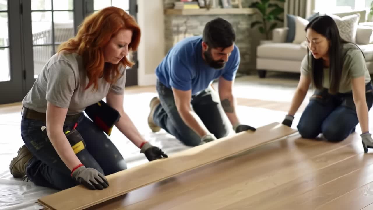 Three individuals collaborate on flooring installation in a bright living room. They carefully lay down floorboards while wearing gloves and providing assistance to each other.