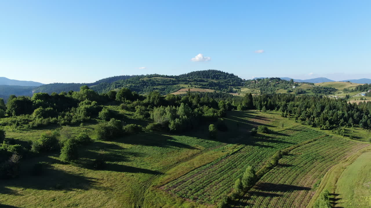 Hills and trees under a clear sky with fields in a rural location The view extends to more hills and trees The scene is outdoors in daytime