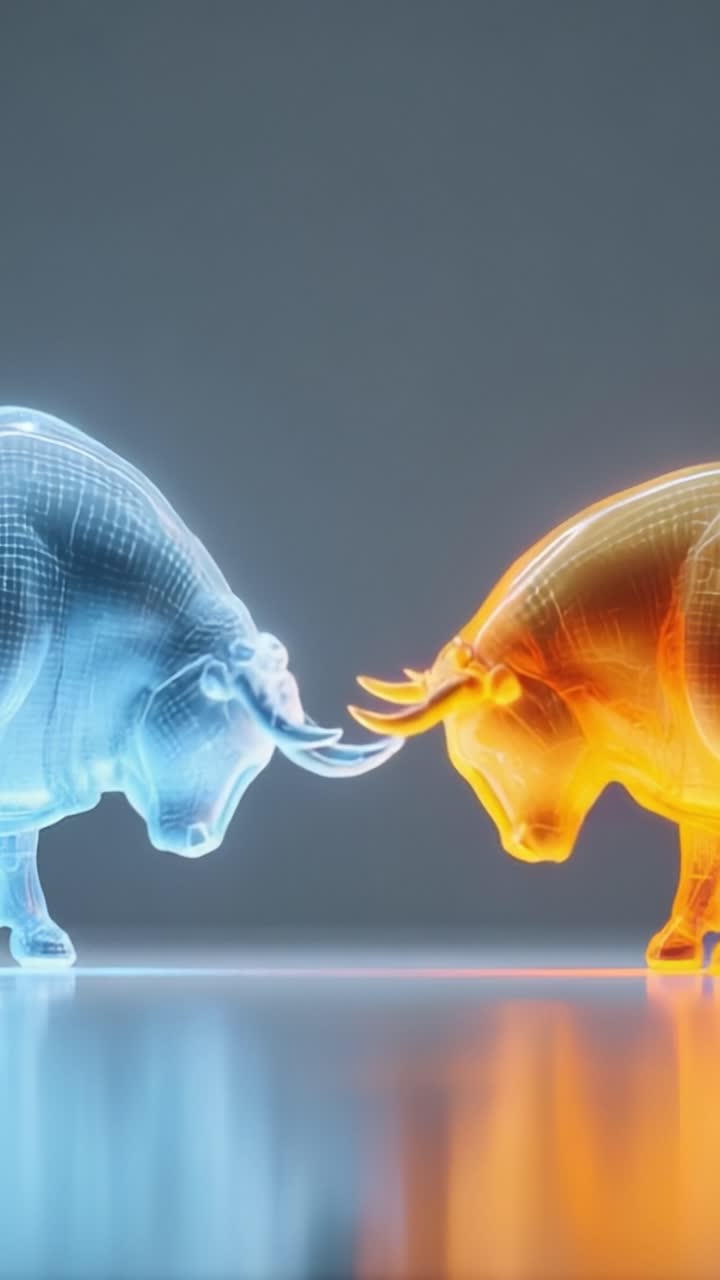 Una representación dinámica de las fuerzas del mercado: dos figuras de toros estilizadas en colores contrastantes enfrentadas en un cara a cara simbólico que destaca la dinámica competitiva.