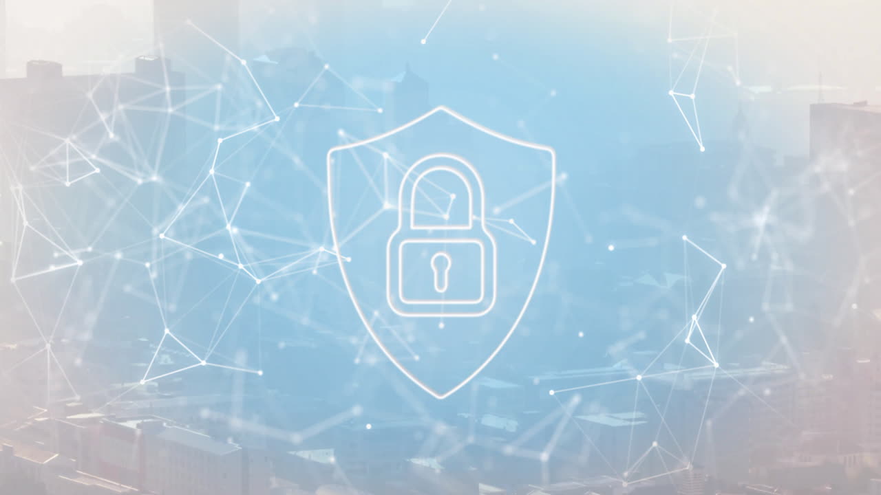 animación de candados y formas sobre el paisaje urbano