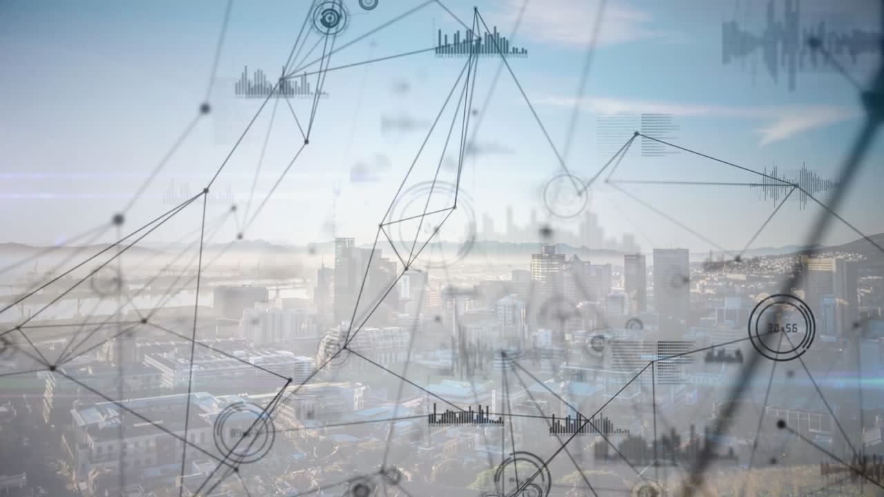 도시 풍경에 대한 연결 네트워크와 데이터 처리의 애니메이션
