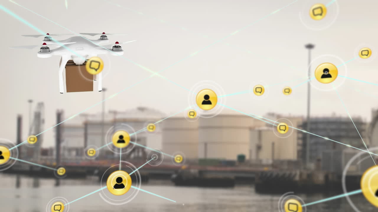 항구에서 배달 상자를 운반하는 드론에 대한 디지털 아이콘 네트워크의 애니메이션