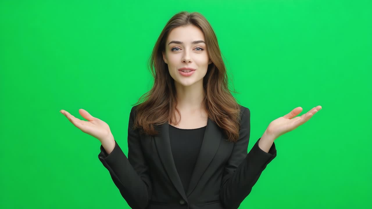 Confident Woman Posing Against a Green Background, Expressing Joy and Assurance with Outstretched Hands, Ideal for Presentations or Professional Settings