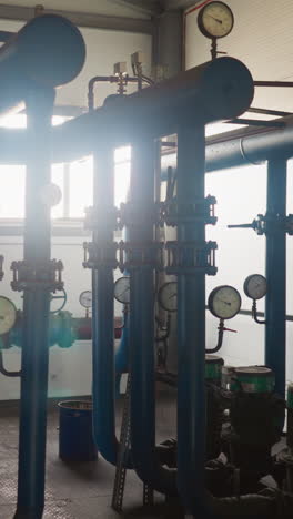 hot steam transporting system with pipelines and compressors in mechanical room. heat generating technology of boiler house. pumping equipment