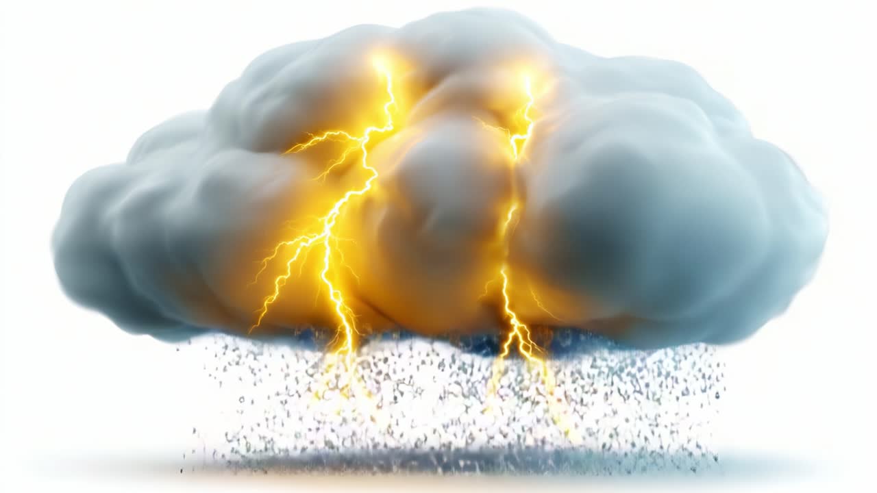 A dramatic representation of a thundercloud illuminated by striking bolts of lightning, accompanied by heavy rainfalls that evoke the power and fury of nature's storms
