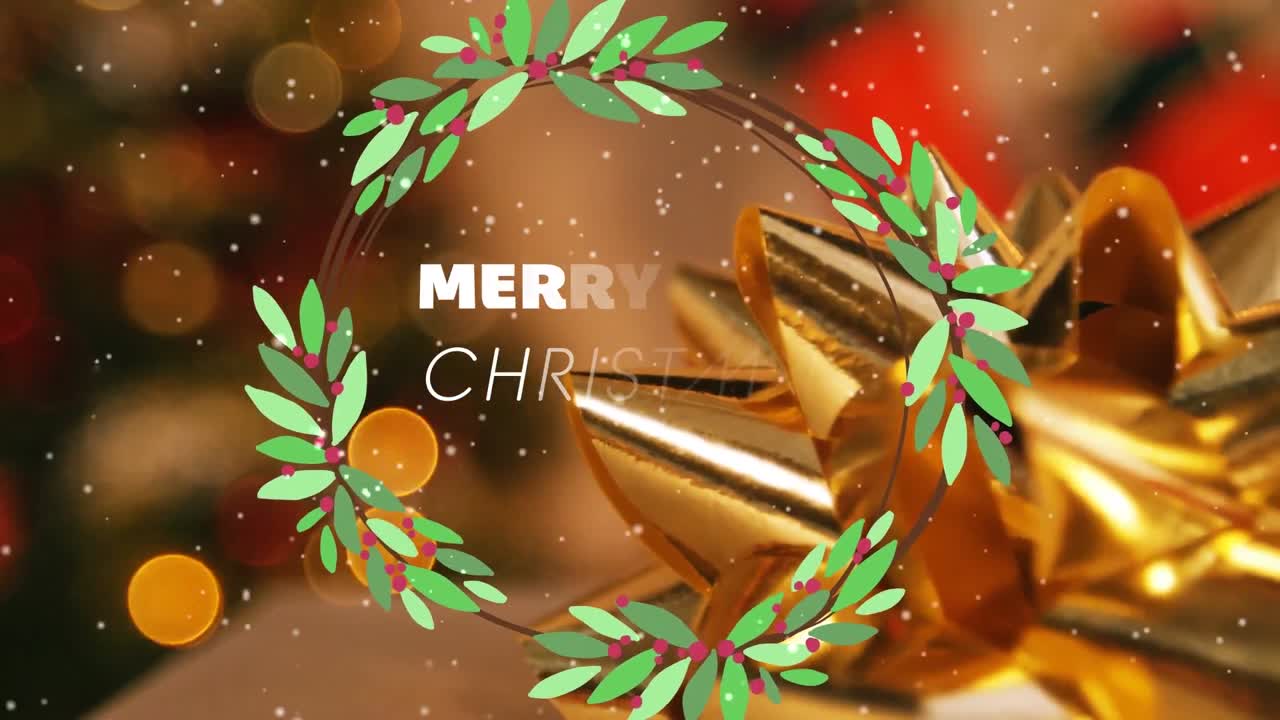 크리스마스 축하 문자와 장식에 눈이 내리는 애니메이션