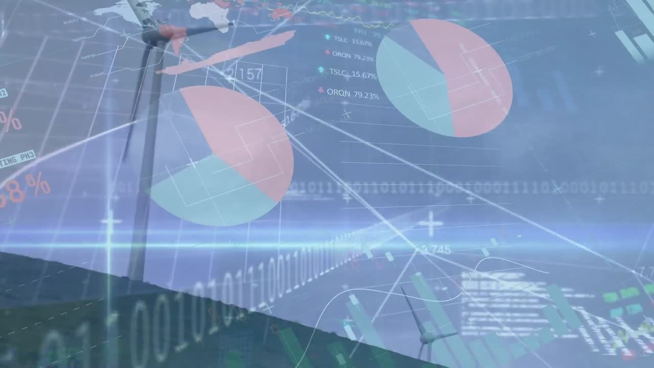 Animation of financial data processing over wind turbine