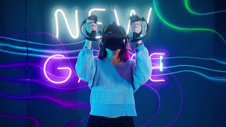 Young Woman Playing Virtual Reality Game in Neon Room