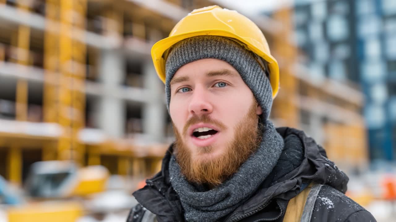 A confident construction worker smiles in a snowy environment, showcasing his essential safety gear including a helmet and warm clothing at a job site