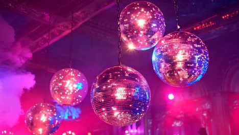 a group of pink disco balls hanging from the ceiling. scene is fun and festive