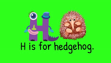 playful animation with a letter 'h' character and a hedgehog on a bright green background