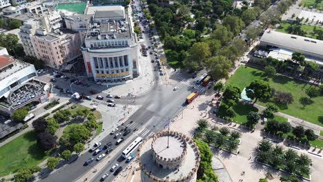 thessaloniki white tower shining in the sun - aerial 4k footage