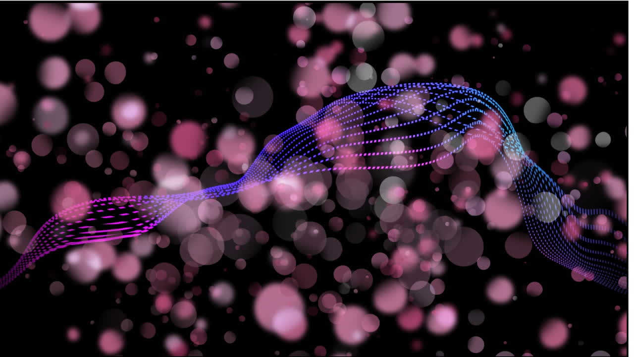 검은 바탕에 분홍색과 색의 보케 조명 위의 디지털 파동 애니메이션