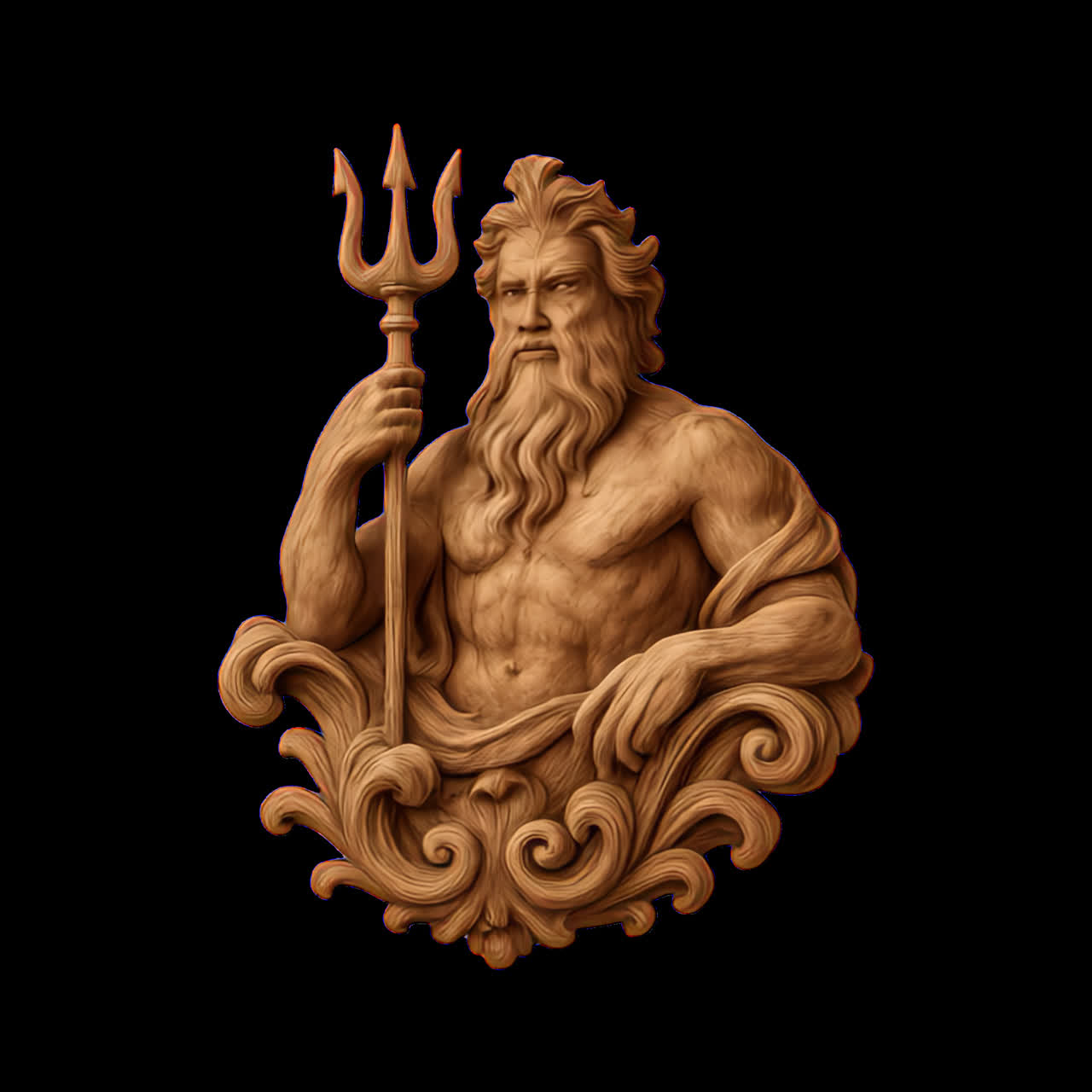 Karmaşık ahşap Poseidon oyması animasyonlu yalıtılmış kaynak, şeffaf 4K video, alfa kanalı