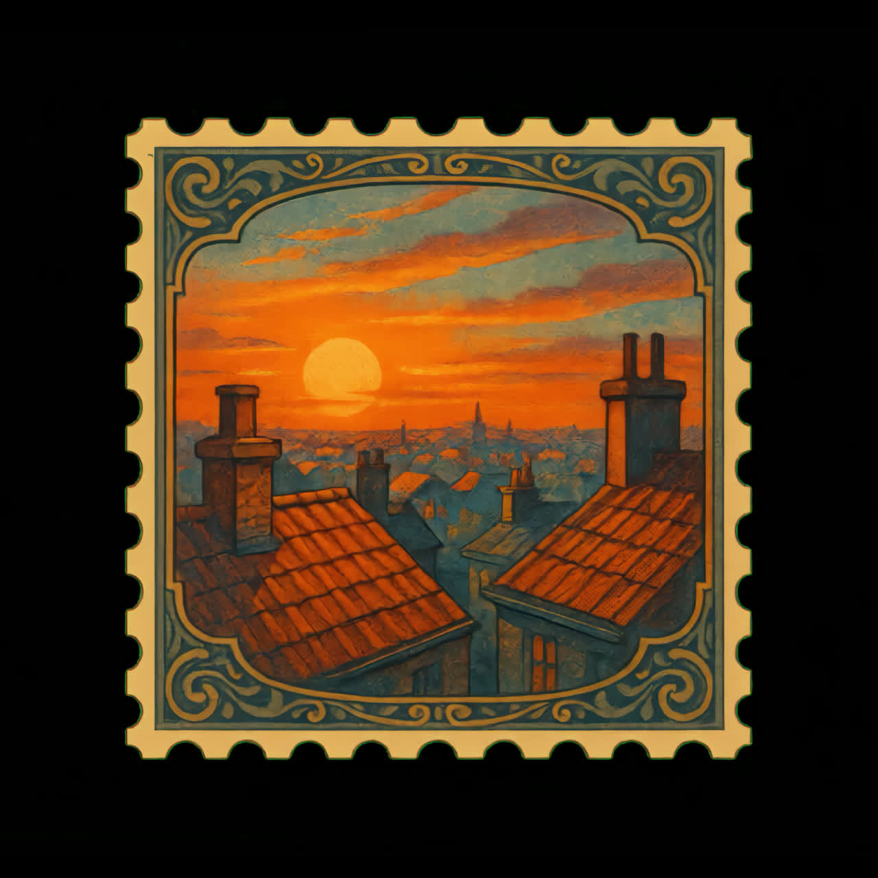 Vintage sunset over rooftops animation isolated asset, transparent 4K video, alpha channel, ProRes