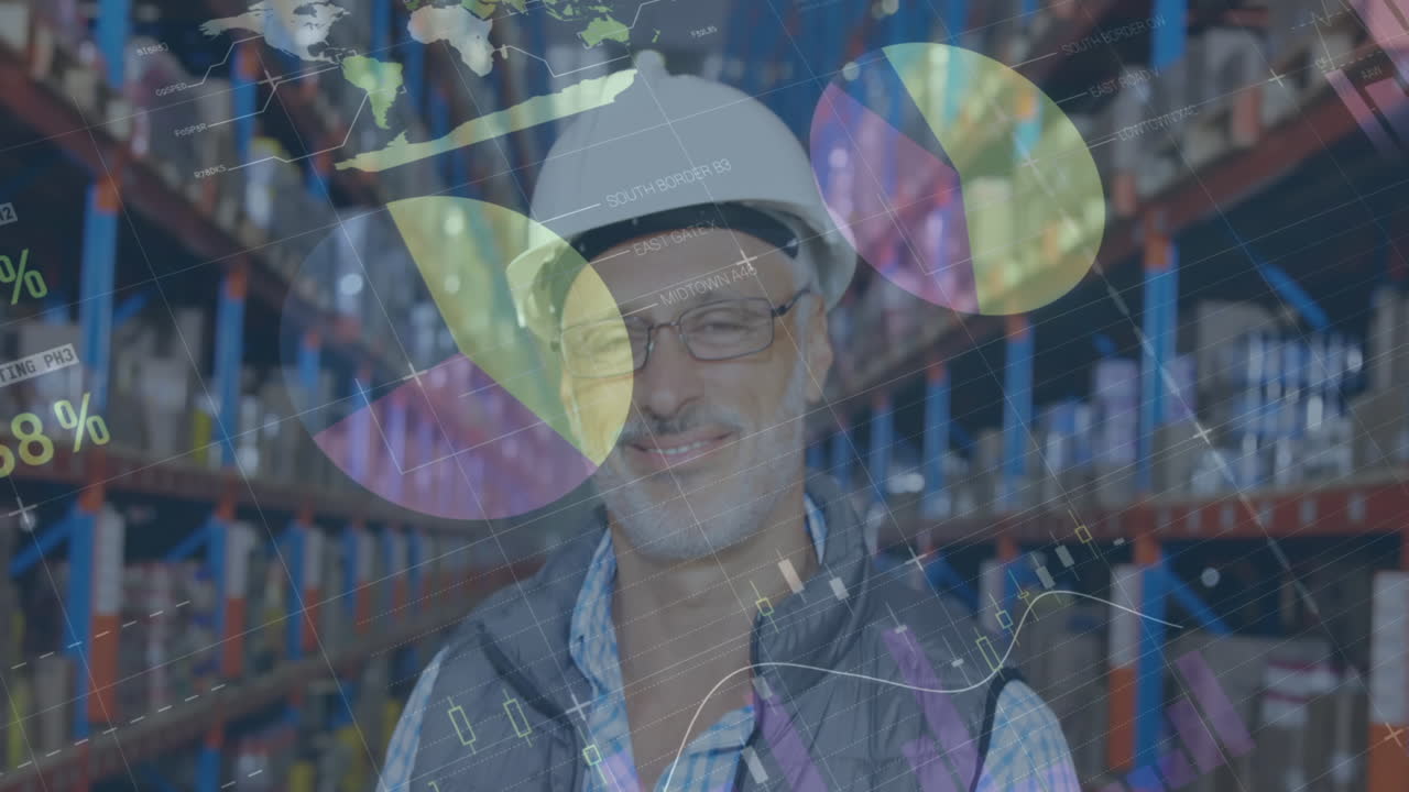 animación de estadísticas y procesamiento de datos financieros sobre el hombre que trabaja en el almacén
