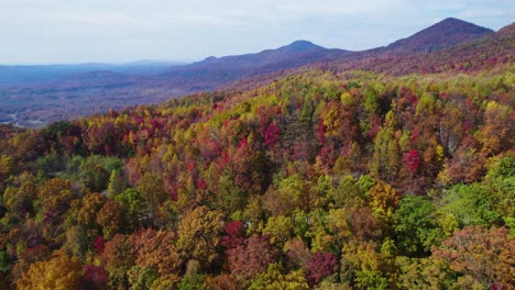 Amplio-Paisaje-Aéreo-Drone-Panorama-De-Hojas-De-Otoño-En-Las-Montañas-Cambiando-De-Color-A-Naranja,-Rojo,-Amarillo