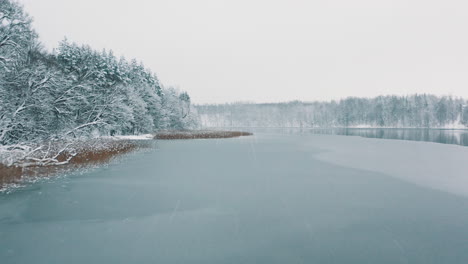 Langsam-Fliegende-Luftaufnahme-Eines-Kalten,-Aber-Immer-Noch-Nicht-Zugefrorenen-Sees-Im-Winter