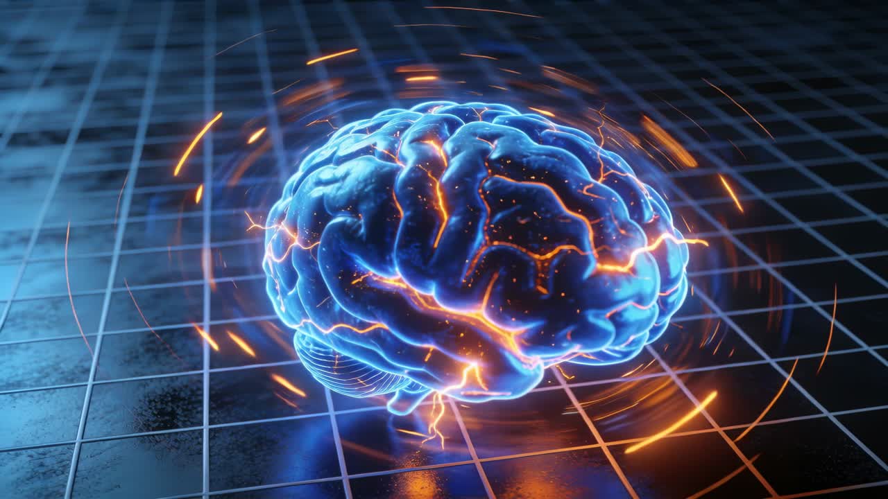 Glowing orange sparks charging hovering brain forming spinning spark ring above tiled grid, pulsing