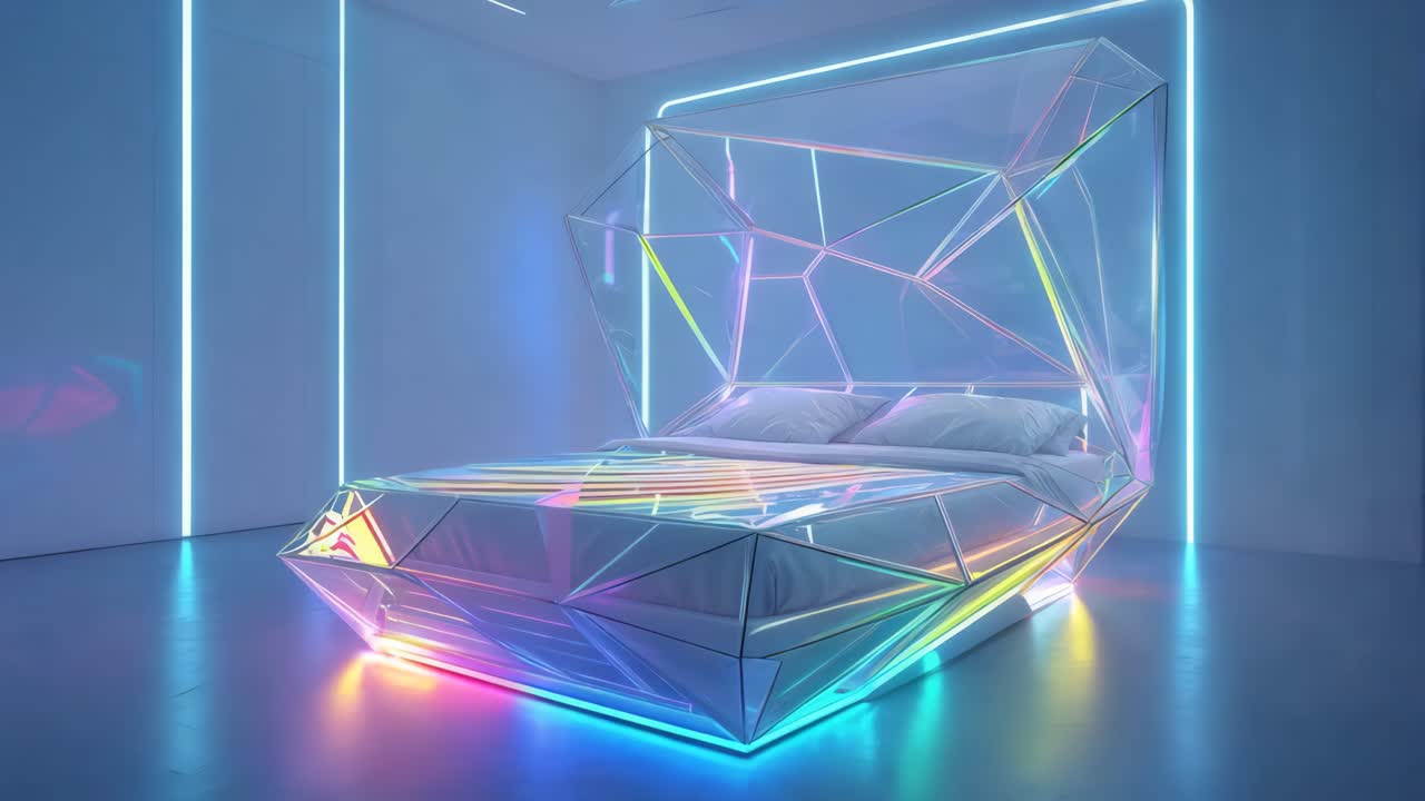 현대적인 침실에서 미래의 크리스탈 침대