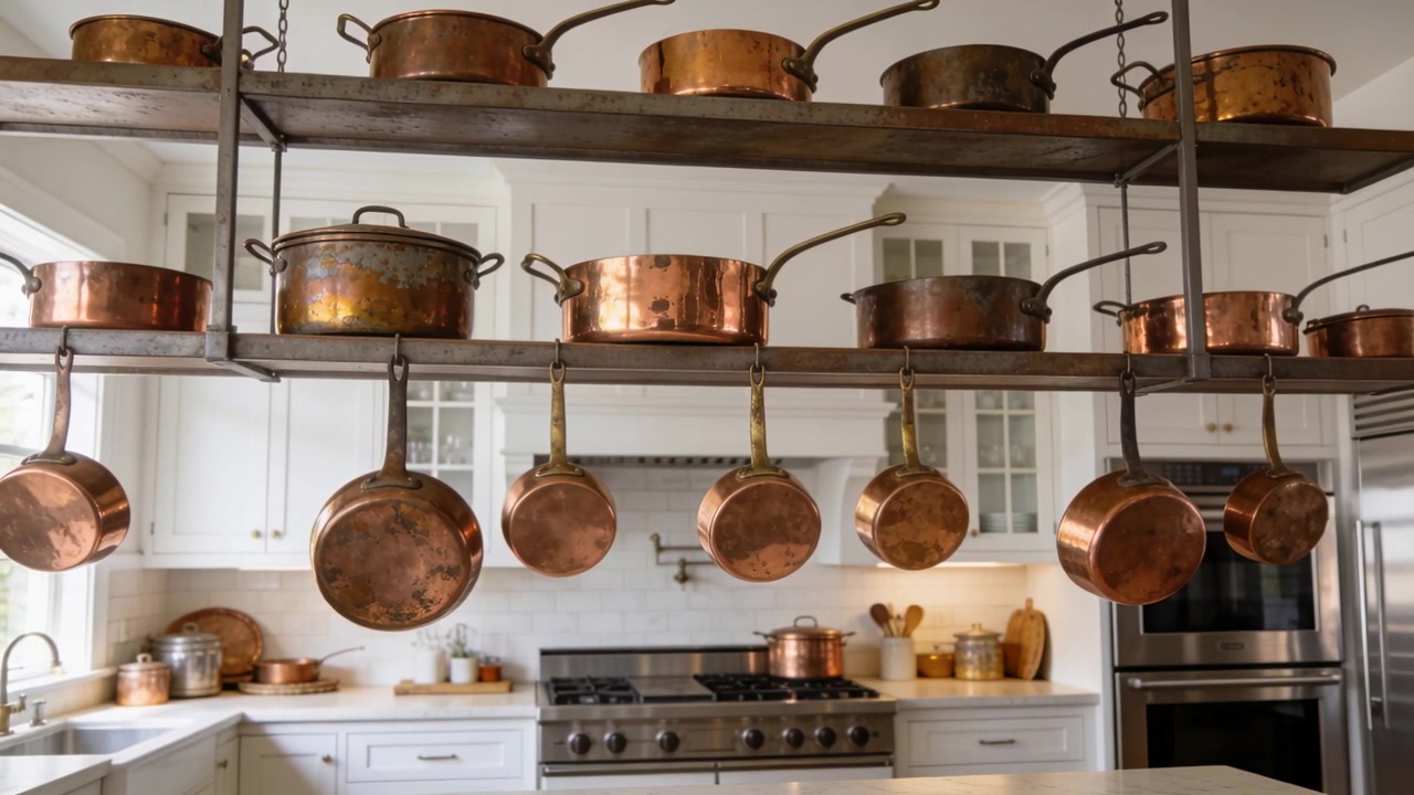 Moving camera bringing hanging copper pots and pans swaying closer above gas range, revealing ovens