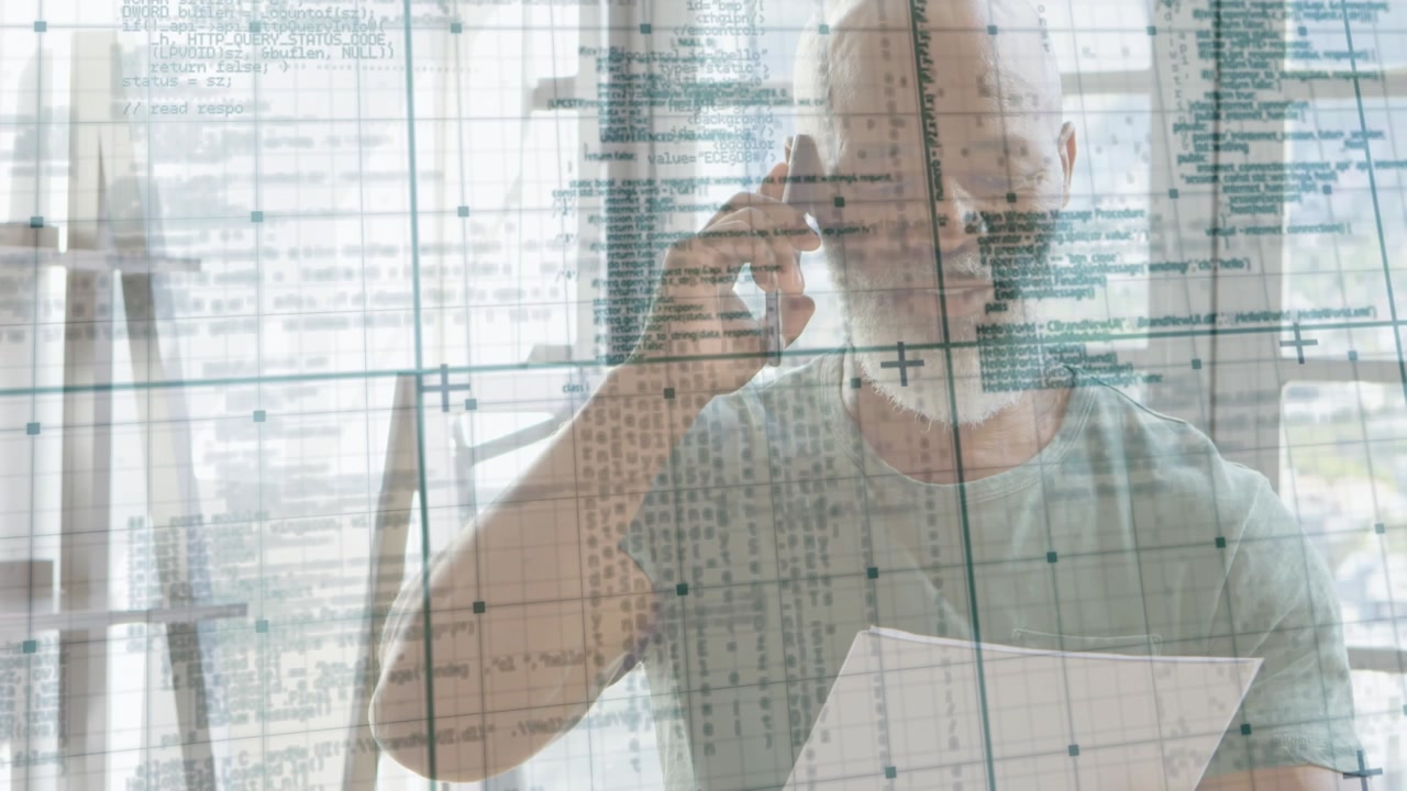 Animation of data processing over african american businessman using smartphone