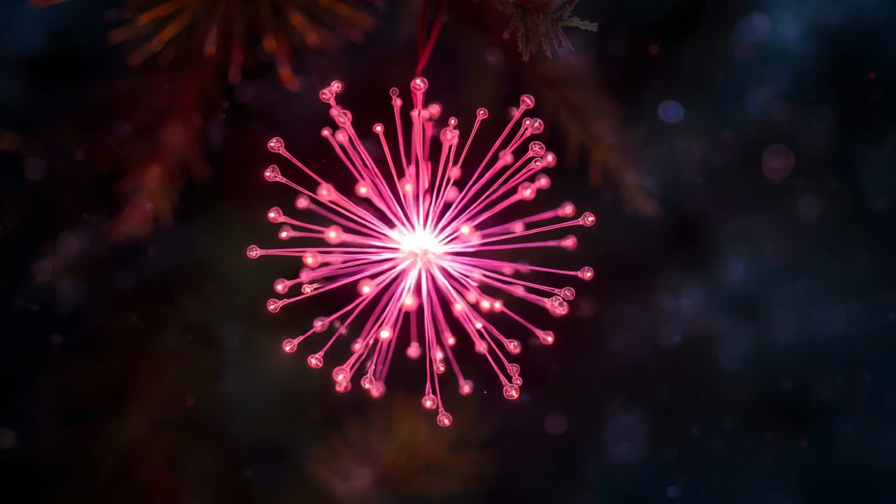 Pulsing pink light ornament sending flickering rods on pine branch, creating festive glow