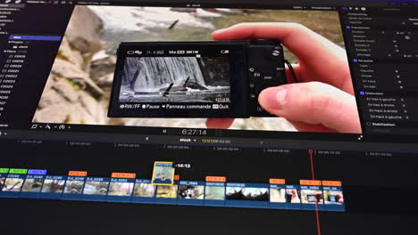 Screen-view-of-an-editor-editing-rushs-of-a-camera-in-the-nature,-timeline-with-slow-no-clips