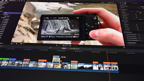 vista de pantalla de un editor que edita acometidas de una cámara en la naturaleza, línea de tiempo con clips lentos sin clips