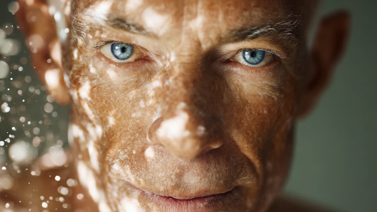 A captivating close-up portrait of a man with striking blue eyes and a textured face illuminated by ethereal light patterns, showcasing a unique interplay of shadows and highlights