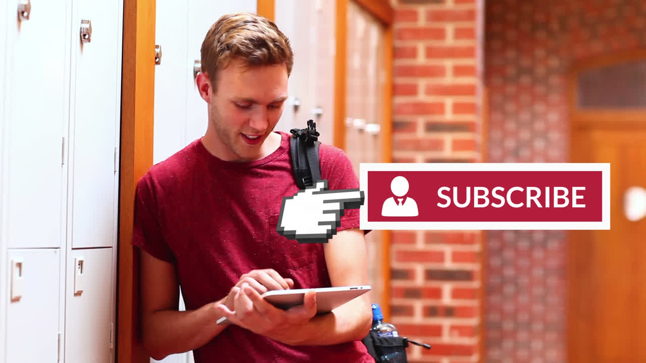 Botão de inscrição com mão apontando para redes sociais