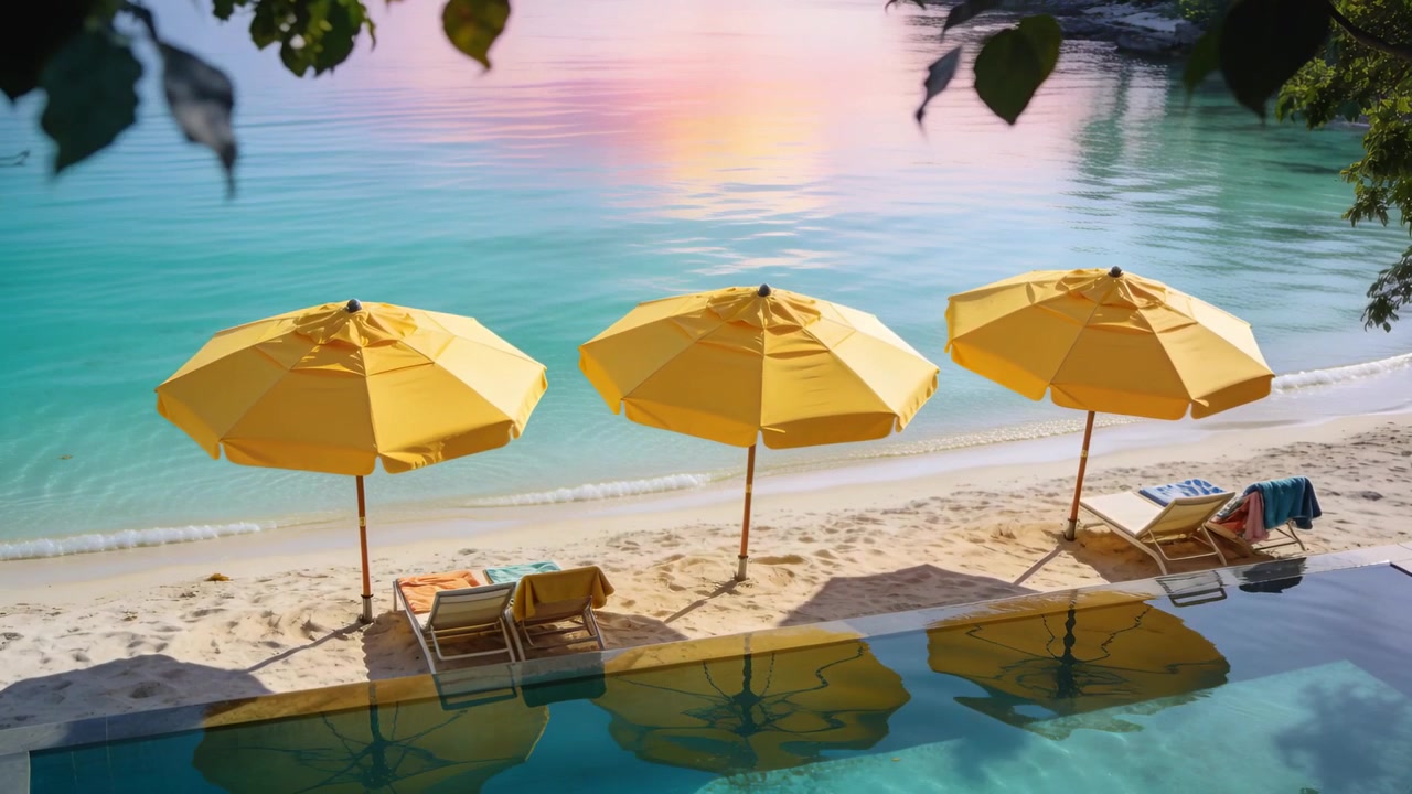 Telecamera che riprende un resort balneare con la luce del sole che cambia, riflettendo ombrelloni gialli e la piscina.