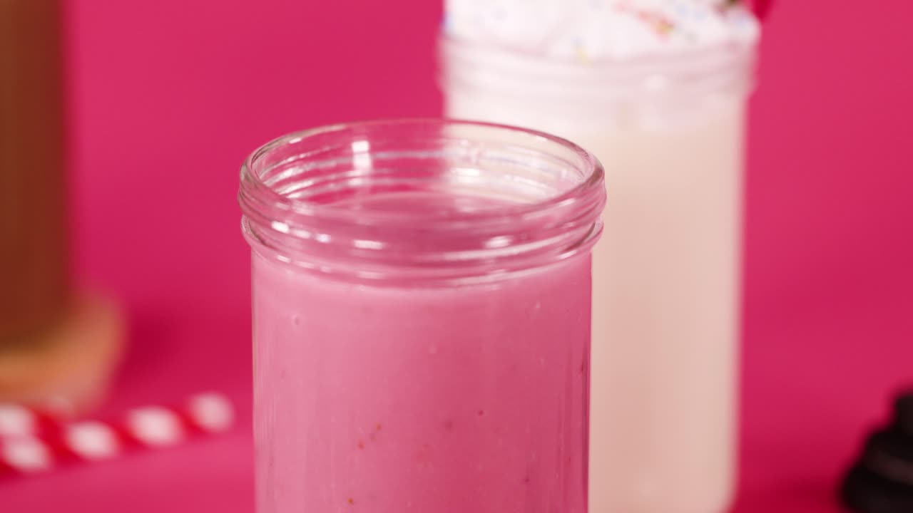 Pink milkshake in glass jar, garnished with whipped cream, surrounded by berries and cookies