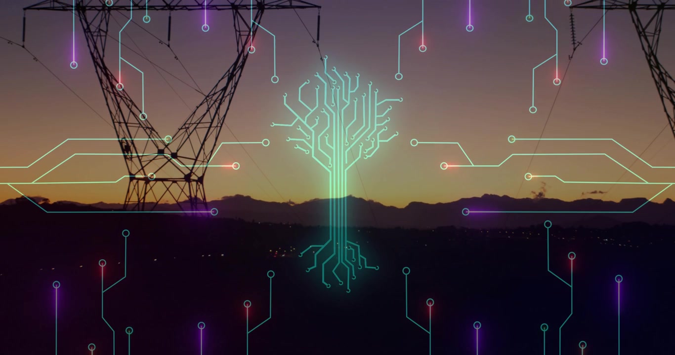 Neon circuit-tree forming from descending cyan lines, pulsing colors and connecting towers for grid