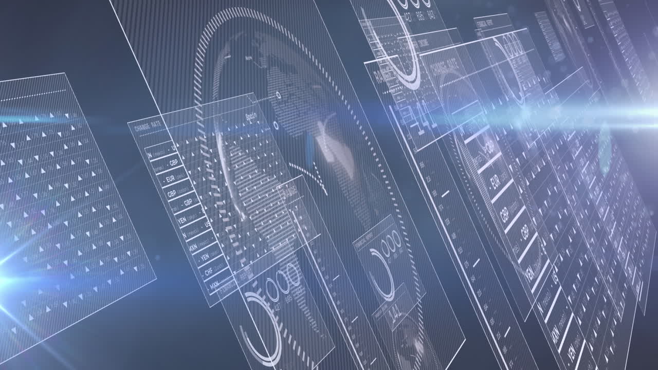 데이터 처리의 애니메이션과 검은 바탕에 빛의 반점이 있습니다.