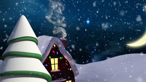 animation of winter scenery with decorated house on blue background