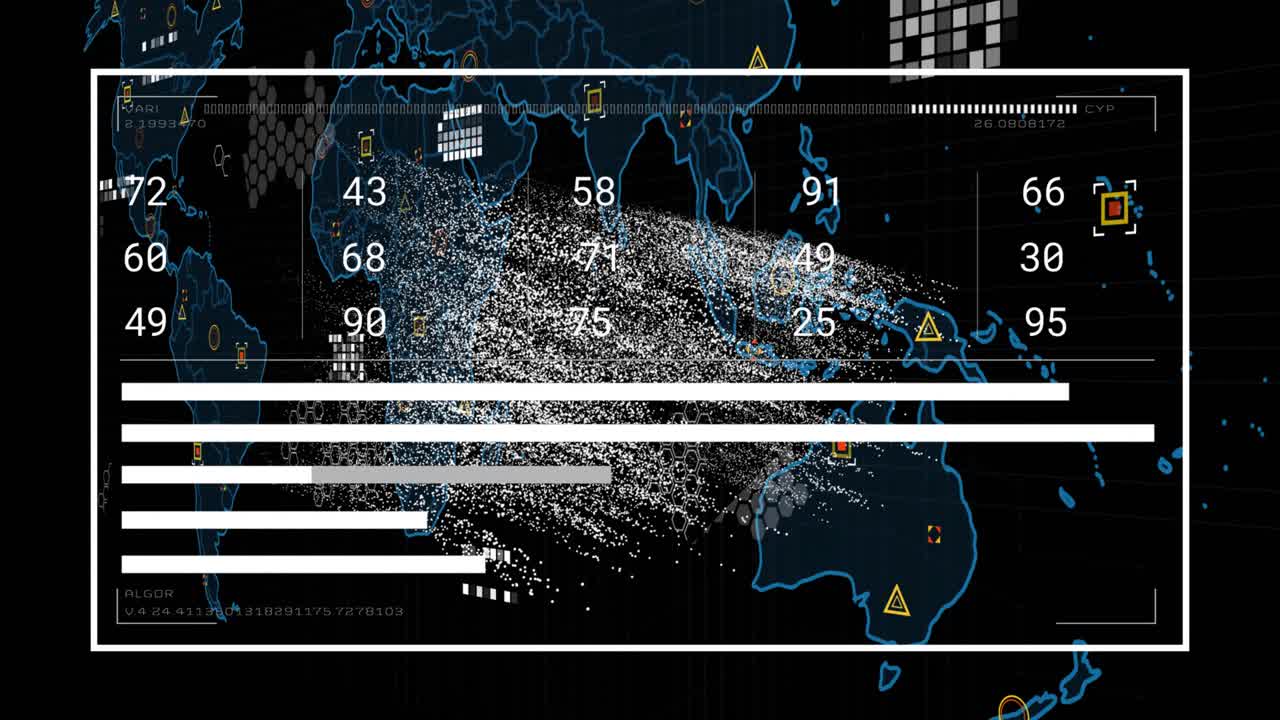 Cloud forming center starting panel clustering, moving numbers, changing bars, showing shift