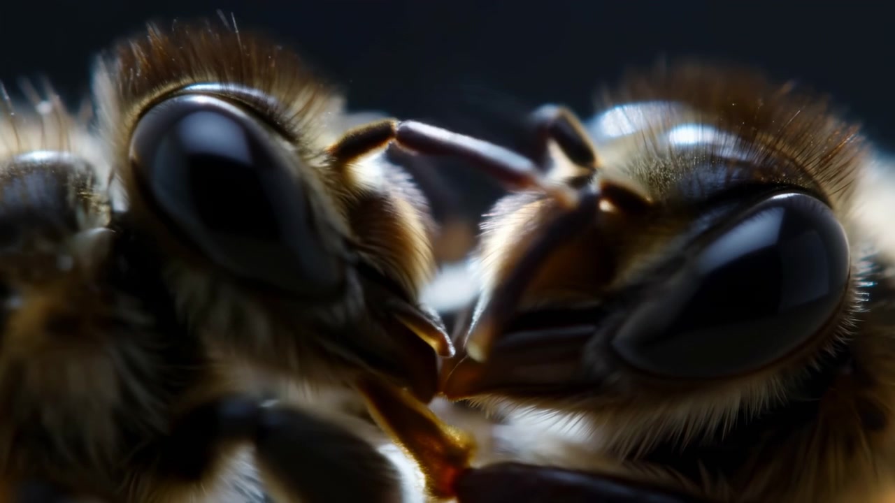 Scena macro ravvicinata che mostra due api premute testa a testa, con antenne che si incrociano, zampe che si toccano, occhi composti lucidi, apparato boccale segmentato, peli facciali densi, luce calda di contorno, messa a fuoco ridotta, ricca